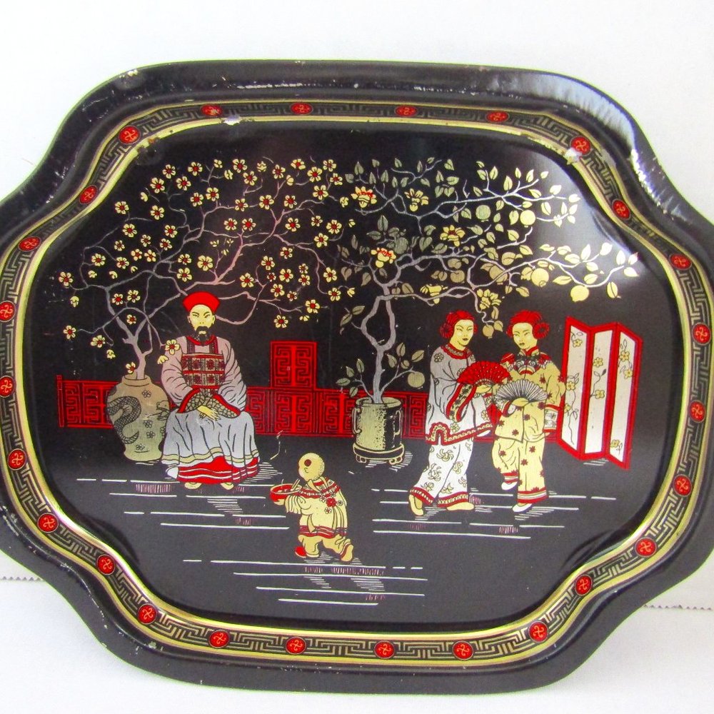 Vintage Tin Metal Small Serving Tray Collectible Asian Decor 7-9/16" Inch